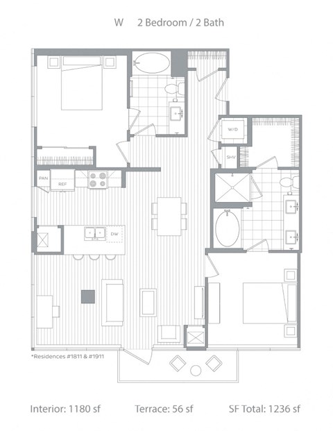 Floor plan for 2 beds, 2 baths, 1236 sqft